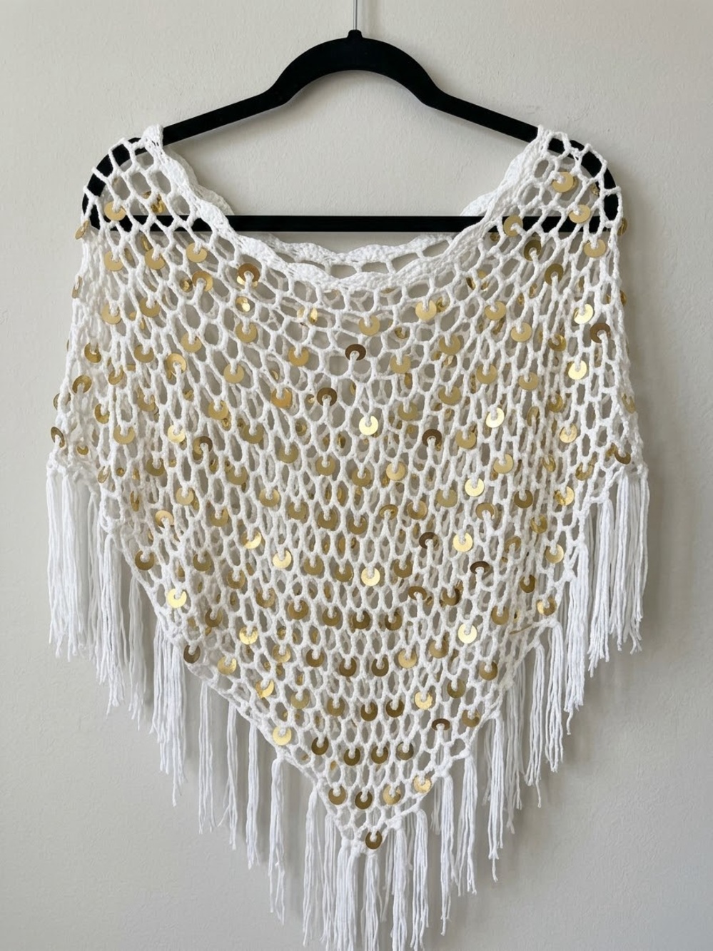 NWT Boho White Crochet Sequined Poncho Fringe Top.Size Small.